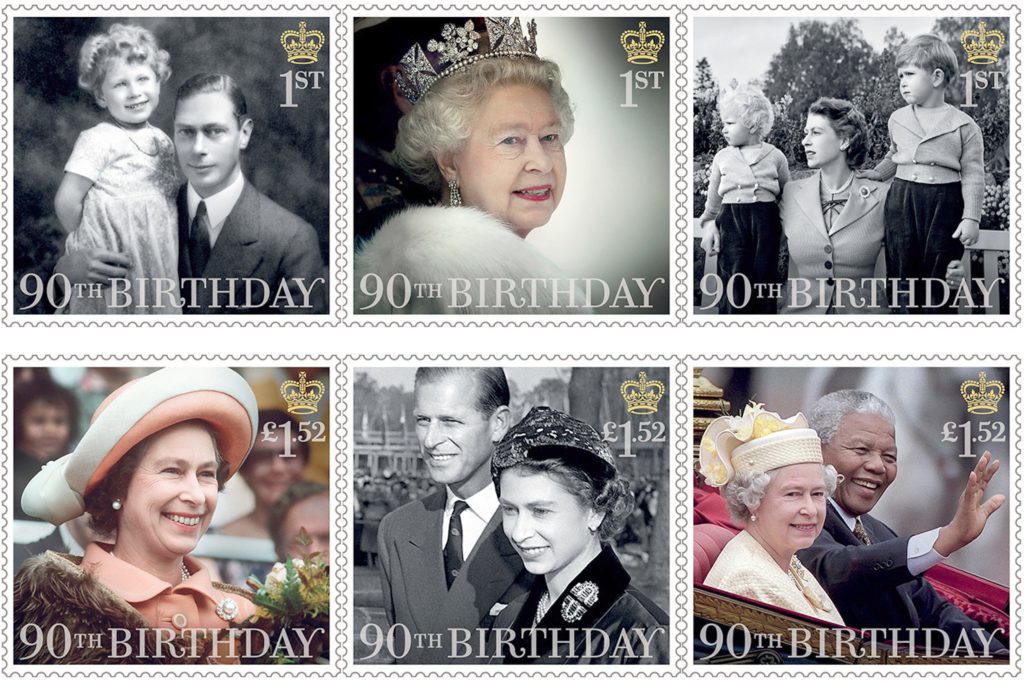 Photo Must Be Credited ©Alpha Press 073074 20/04/2016 Six stamps issued by the Royal Mail to mark the 90th birthday of Queen Elizabeth II. The set includes images of Queen Elizabeth II, with her father, attending the State Opening of Parliament in 2012, with Princess Anne and Prince Charles in 1952, visiting New Zealand in 1977, with The Duke of Edinburgh in 1957, and with Nelson Mandela in 1996. *** No UK Rights Until 28 Days from Picture Shot Date *** This handout photo may only be used in for editorial reporting purposes for the contemporaneous illustration of events, things or the people in the image or facts mentioned in the caption. Reuse of the picture may require further permission from the copyright holder