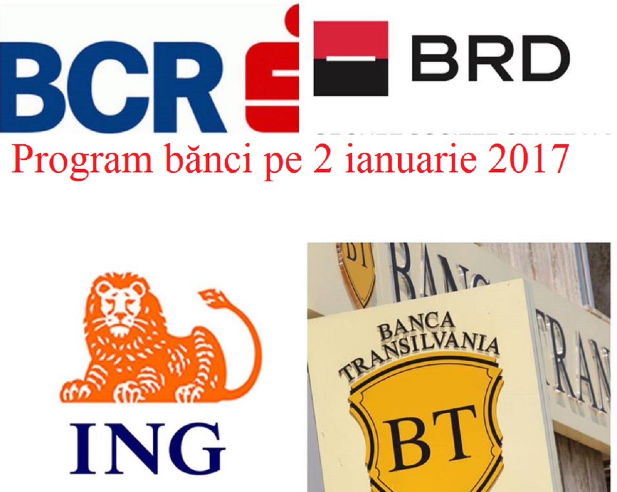 Program bănci pe 2 ianuarie 2017. Program BRD, ING, CEC, BCR, Banca Transilvania, Raiffeisen Bank, Pireus. Program Western Union și Moneygram
