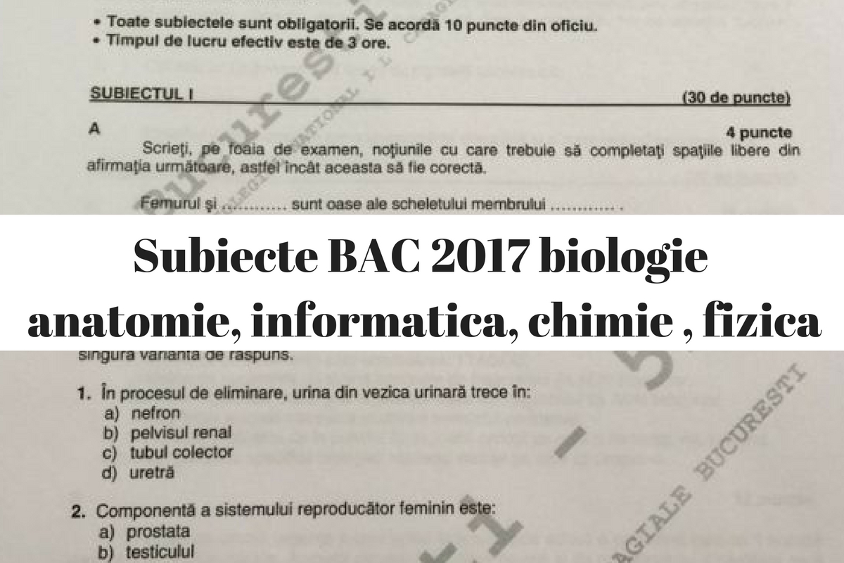 Subiecte BAC 2017 biologie vegetală și animală, anatomie  informatică, chimie organică și anorganică, fizică. Rezolvare și barem.