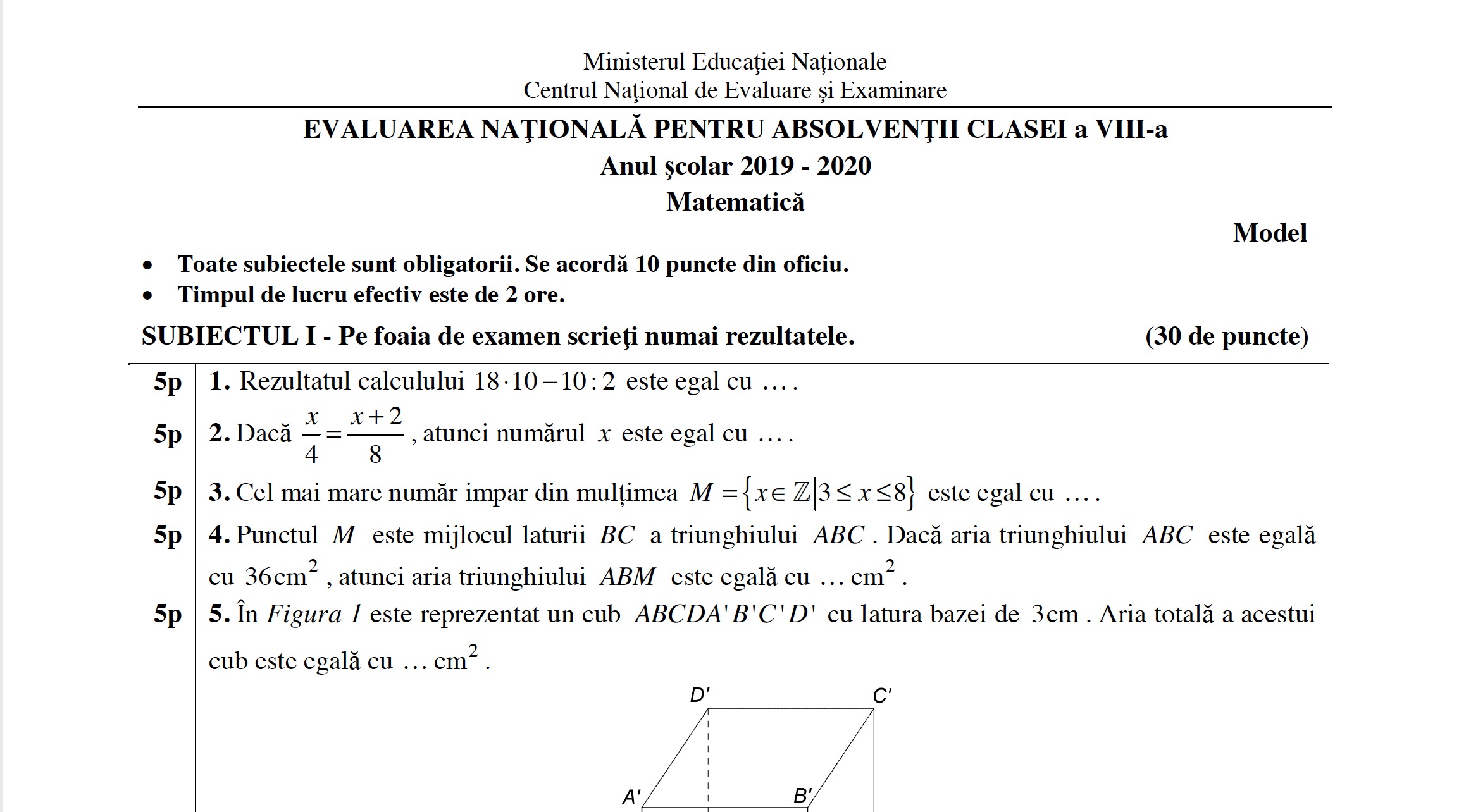Evaluarea Națională 2020 la Matematică, subiect, barem și rezolvare edu.ro
