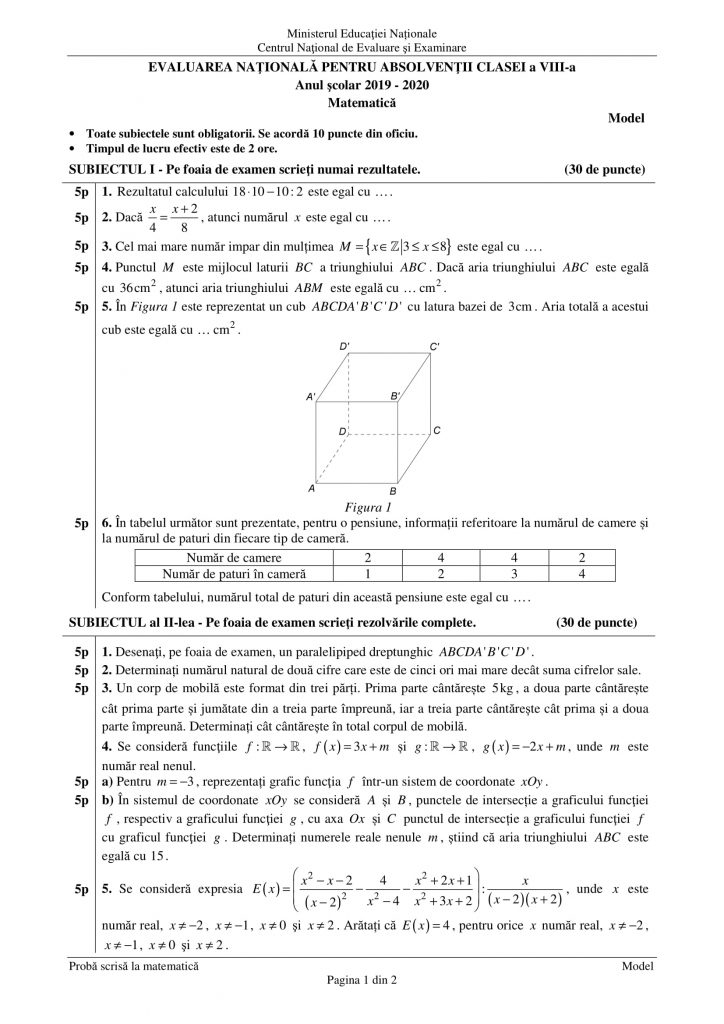 Subiecte Matematica Evaluarea Nationala 2020 pagina 1
