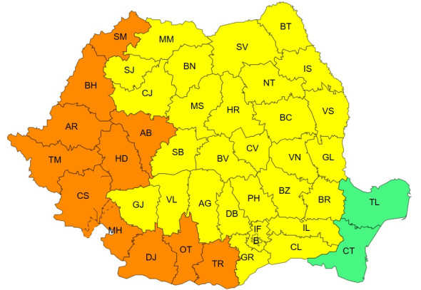 Harta ANM avertizari Cod Galben si Cod Portocaliu de canicula joi