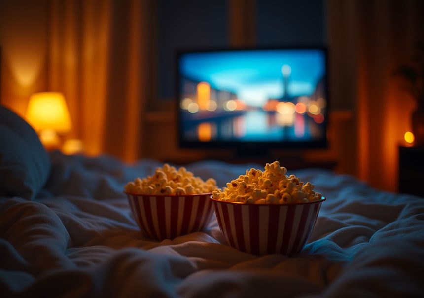 Seară de filme de Halloween, cu popcorn și dovleci în fața televizorului