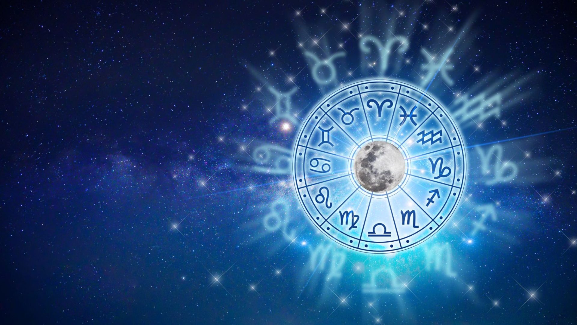 Roata zodiacului cu Luna în centru pe un cer înstelat, ilustrație pentru horoscopul din 21 octombrie 2026