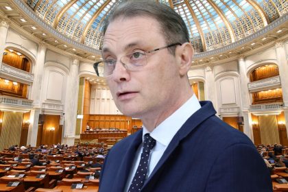 Premierul desemnat Luca Niculescu, pe fundalul sălii de plen a Parlamentului, înaintea votului de învestire
