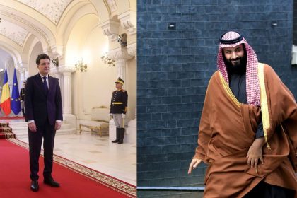 Colaj cu președintele Nicușor Dan, în stânga, și prințul moștenitor al Arabiei Saudite, Mohammed bin Salman, în dreapta