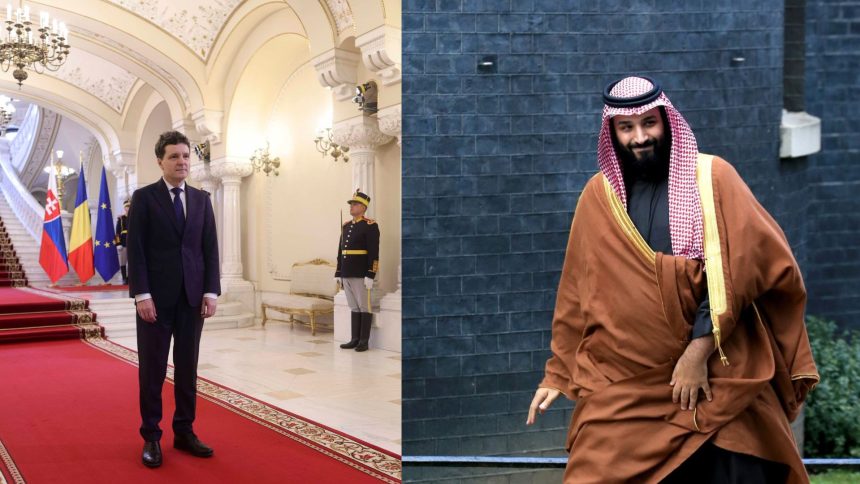 Colaj cu președintele Nicușor Dan, în stânga, și prințul moștenitor al Arabiei Saudite, Mohammed bin Salman, în dreapta