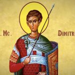 Icoana Sfântului Mare Mucenic Dimitrie, Izvorâtorul de Mir, reprezentat ca tânăr soldat cu suliță și scut