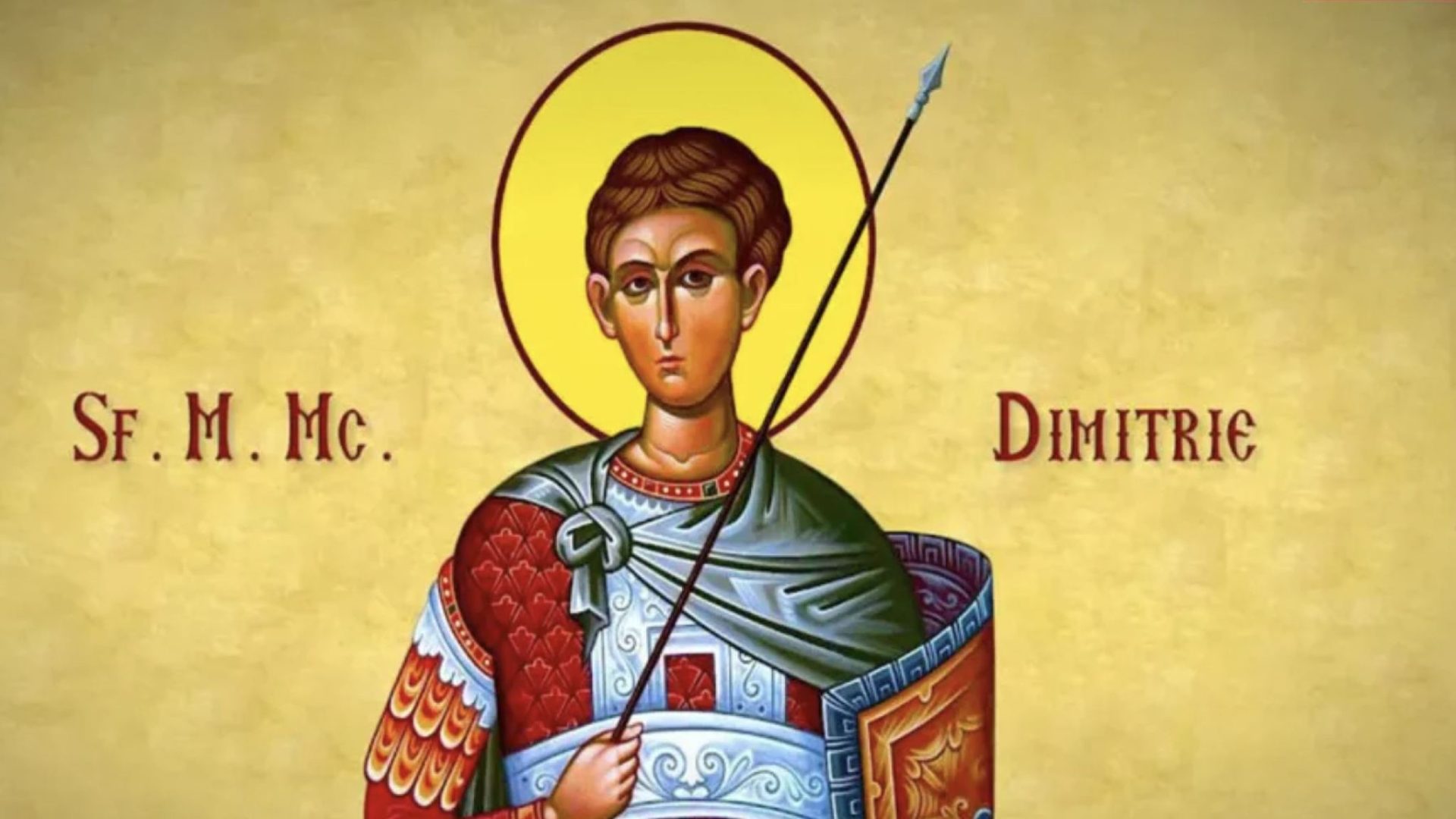 Icoana Sfântului Mare Mucenic Dimitrie, Izvorâtorul de Mir, reprezentat ca tânăr soldat cu suliță și scut