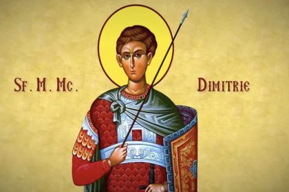 Icoana Sfântului Mare Mucenic Dimitrie, Izvorâtorul de Mir, reprezentat ca tânăr soldat cu suliță și scut