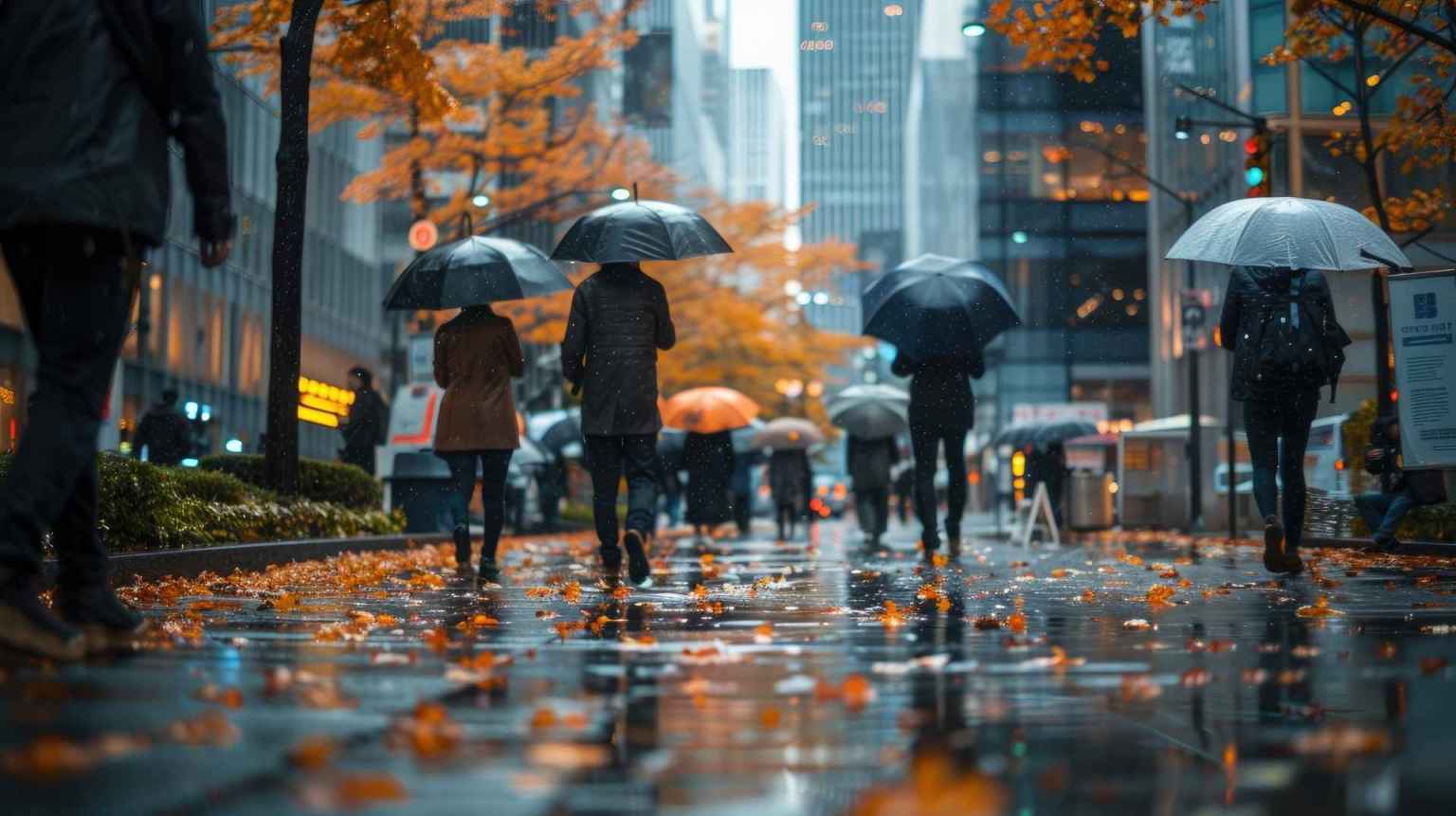Oameni cu umbrele pe o stradă cu frunze de toamnă, într-o zi rece și ploioasă de octombrie